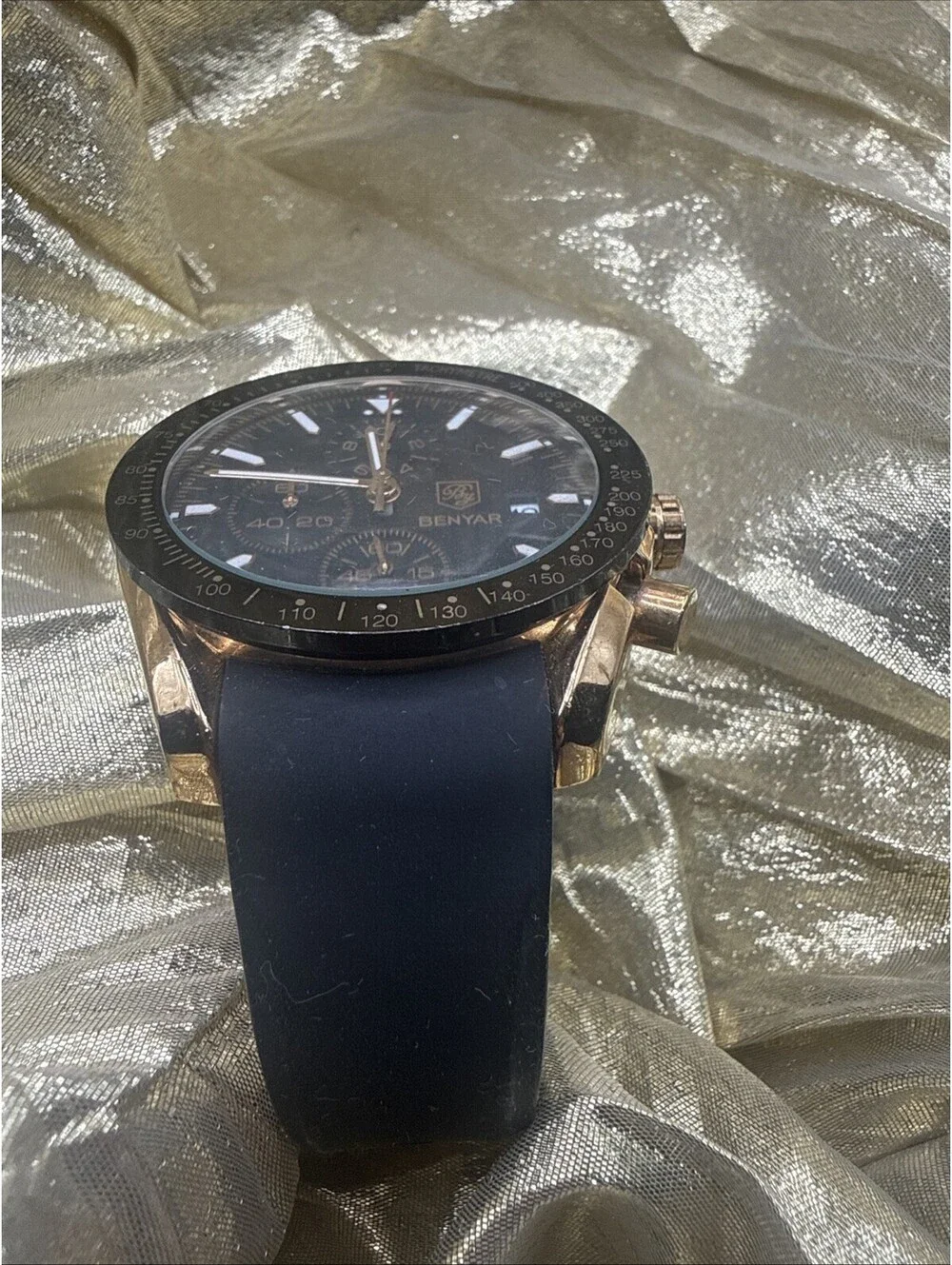 Benyar Mens Chronograph Watch Gold Black Dial Tachymeter Rubber Strap Sports